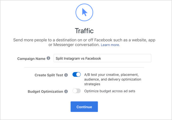 أضف اسم الحملة وحدد خيار Create Split Test لحملة Facebook Traffic