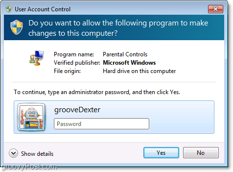 يمكنك تجاوز تقييد الرقابة الأبوية في Windows 7 بإدخال كلمة مرور المسؤول