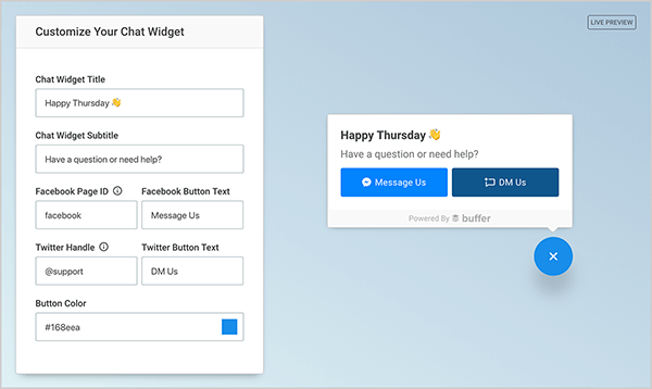 هذه لقطة شاشة لمعاينة البرنامج المساعد Buffer SocialChat المتوفرة على موقعها على الويب. يوجد على اليسار نموذج لتخصيص أداة الدردشة. يمكنك تخصيص العنوان والعنوان الفرعي ، وإدخال معرف صفحة Facebook ونص الزر ، وإدخال مقبض Twitter ونص الزر ، واختيار لون الزر. على اليمين ، سترى كيف تظهر التحديدات في النموذج في عنصر واجهة المستخدم على موقع ويب.
