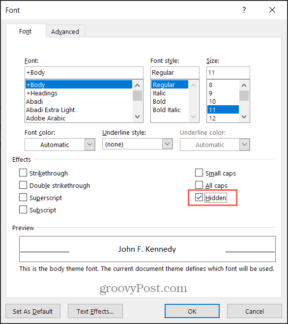 حدد مربع النص المخفي في Microsoft Word على Windows