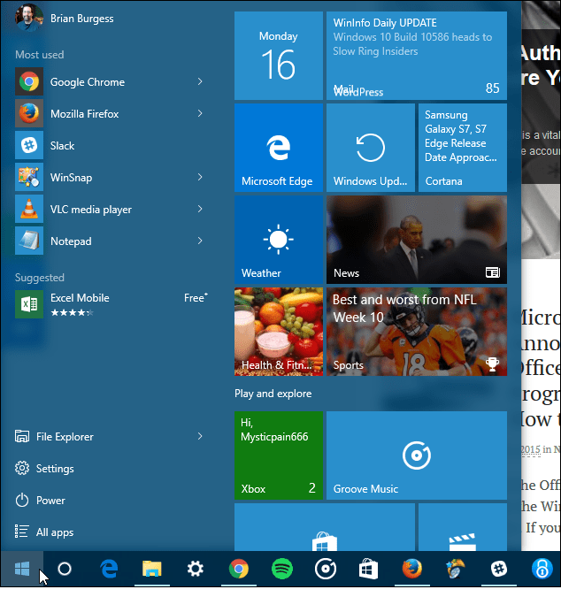Windows 10 ابدأ ثلاثة أعمدة