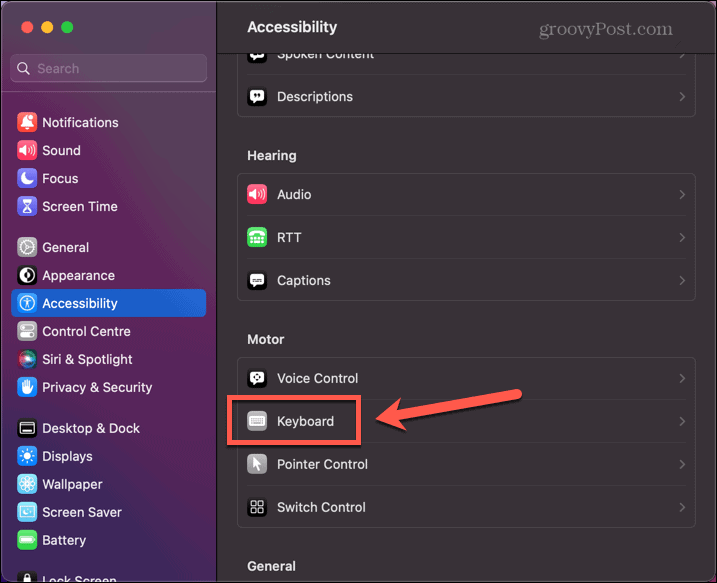 إعدادات إمكانية الوصول إلى لوحة مفاتيح mac