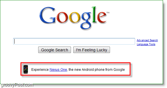 يتم الإعلان عن Nexus one على صفحة google الرئيسية.