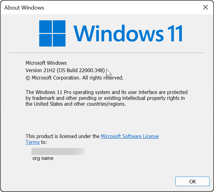 إصدار وبناء Windows 11 عبر أمر winver