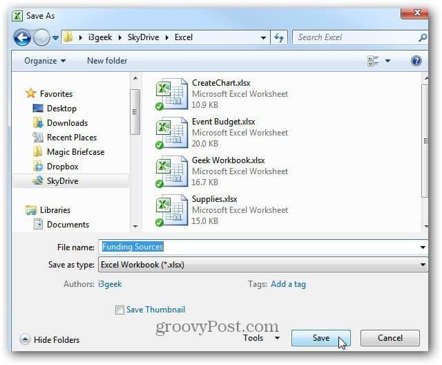 حفظ مستند Excel في SkyDrive