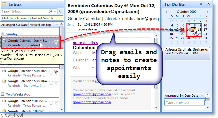 شريط المهام في Outlook 2007 - اسحب البريد الإلكتروني إلى التقويم