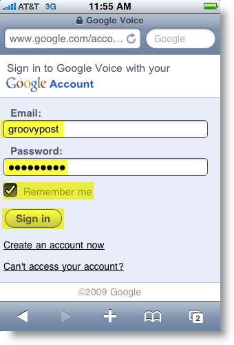 صفحة تسجيل الدخول إلى Google Voice Mobile