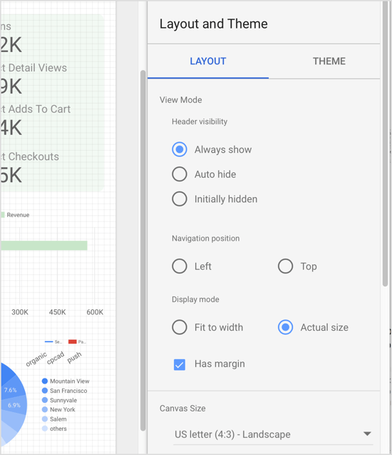 قم بتعديل جوانب تقرير Data Studio مثل وضع العرض وحجم اللوحة. 