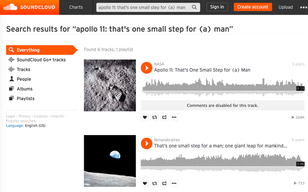 ابحث في ملفات وسائط NASA على SoundCloud للعثور على صوت اللحظات التاريخية الشهيرة وتنزيله مثل أول نزهة على القمر.