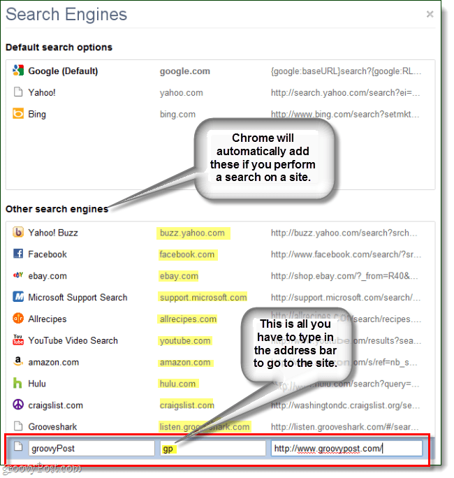 ينشئ Chrome تلقائيًا محركات بحث أخرى ، ولكن يمكنك إدخال محرك البحث الخاص بك