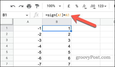 استخدام SIGN والضرب لتغيير الأرقام السالبة إلى نقاط إيجابية في جداول بيانات Google