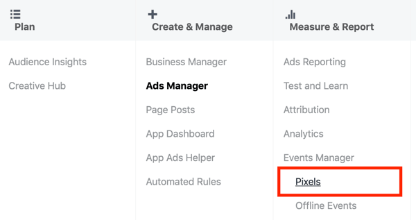 استخدم Google Tag Manager مع Facebook ، الخطوة 3 ، خيار قائمة Pixels ضمن Ads Manager