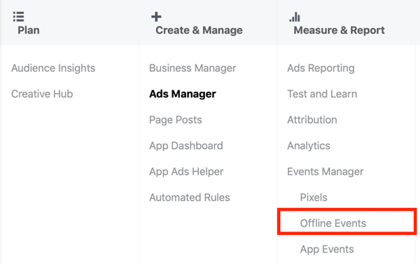 خيار لتحديد الأحداث دون اتصال بالإنترنت ضمن القياس والتقرير في Facebook Ads Manager.
