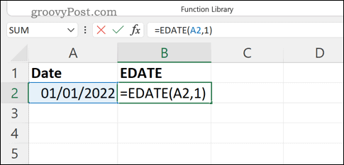 كتابة صيغة EDATE في شريط الصيغة في Excel
