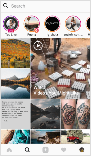 Instagram Live في علامة التبويب بحث واستكشاف