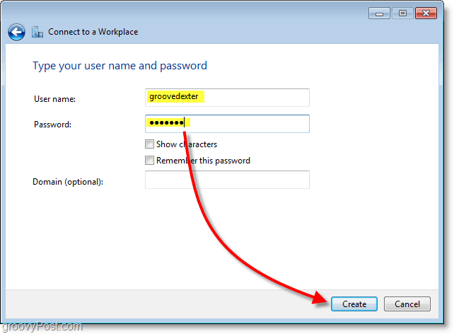 اكتب اسم المستخدم وكلمة المرور الخاصة بك ثم قم بإنشاء الاتصال في Windows 7
