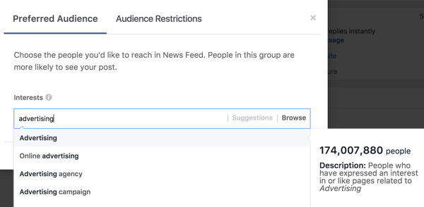 بمجرد كتابة أحد الاهتمامات ، سيقترح Facebook علامات اهتمام إضافية لك.