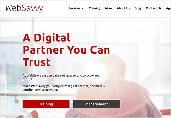 هذه لقطة شاشة لموقع وكالة WebSavvy. في أعلى اليسار يوجد اسم الوكالة. في الجزء العلوي الأيمن توجد خيارات التنقل التالية: الخدمات ، التدريب ، مايك ، من نحن ، مدونة ، اتصل بنا. خلفية صفحة الويب هي صورة لظهر رجل عازم على العمل في مكتب. يتم غسل الصورة بتوهج العدسة الناتج عن دخول الشمس عبر جدار من ألواح النوافذ. يظهر عنوان أحمر كبير في منتصف يسار الصفحة. تقول "شريك رقمي يمكنك الوثوق به". يوجد أسفل العنوان النص التالي: "في WebSavvy نستخدم البيانات ، وليس التخمين ، لزيادة أرباحك." السطر التالي من النص يقول "اجعل WebSavvy طويلاً مصطلح شريك رقمي ، وليس مجرد مقدم خدمة آخر ". يوجد أسفل هذا النص زرين: زر أحمر بعنوان "تدريب" وزر أسود معنون "إدارة". مايك رودس يمتلك وكالة WebSavvy.