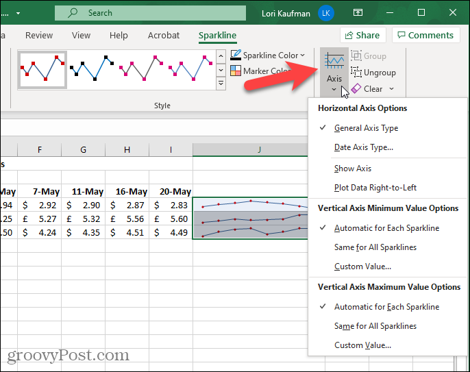 زر المحور في علامة التبويب Sparkline في Excel