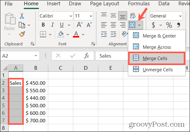 دمج الخلايا في Excel لتدوير النص