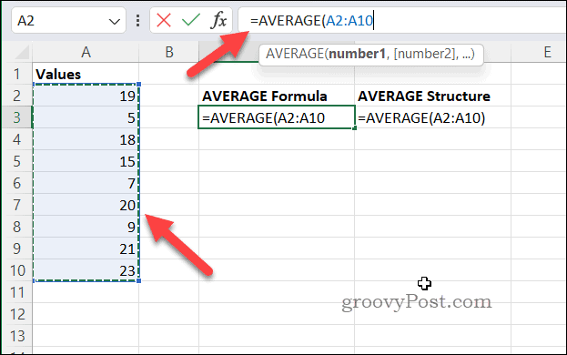 إنشاء صيغة باستخدام AVERAGE في Excel