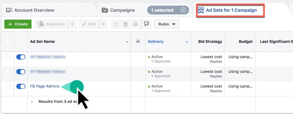 حدد موقع مجموعة الإعلانات الخاصة بك في Facebook Ads Manager.