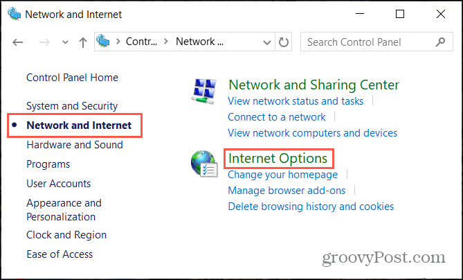 خيارات شبكة الإنترنت في لوحة تحكم Windows
