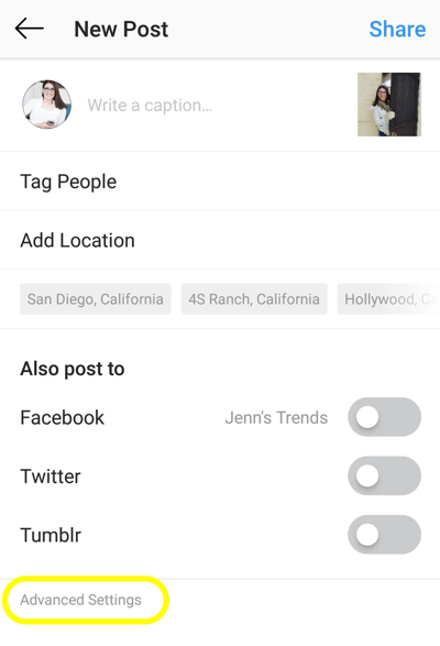 كيفية إضافة نص بديل إلى منشورات Instagram ، الخطوة 1 ، خيار الإعداد المتقدم الجديد لنشر instagram