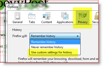 فايرفوكس - استخدم الإعدادات المخصصة للتاريخ