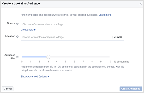يحتوي مربع حوار Facebook Create a Lookalike Audience على شريط تمرير حجم الجمهور.