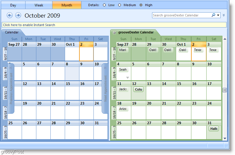 لقطة شاشة التقويم جنبًا إلى جنب في Outlook 2007