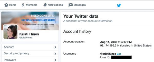 ابحث عن معرف المستخدم الخاص بك في إعدادات Twitter الخاصة بك.
