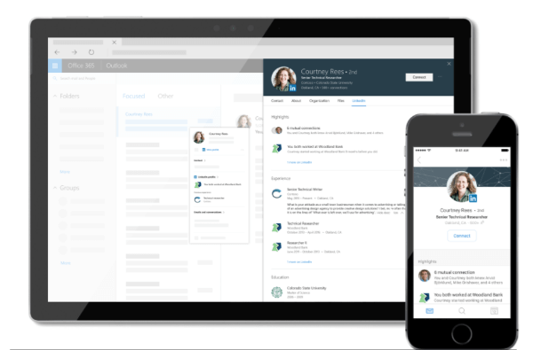 ينقل LinkedIn و Microsoft رؤى LinkedIn المخصصة مباشرة إلى تجربة Microsoft Office 365 الخاصة بك من خلال دمج بطاقات ملف تعريف LinkedIn و Microsoft Office.