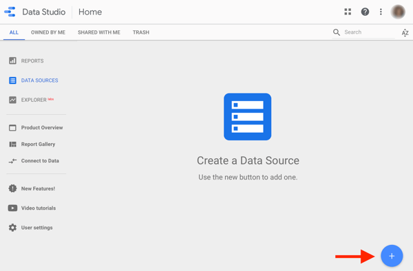 استخدم Google Data Studio لتحليل إعلانات Facebook ، الخطوة 1 ، خيار إنشاء مصدر بيانات في Google Data Studio