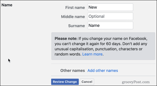 مراجعة تغييرات اسم Facebook