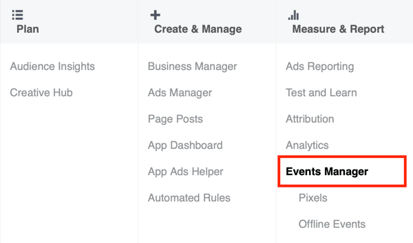 خيار لتحديد مدير الأحداث في Facebook Ads Manager.