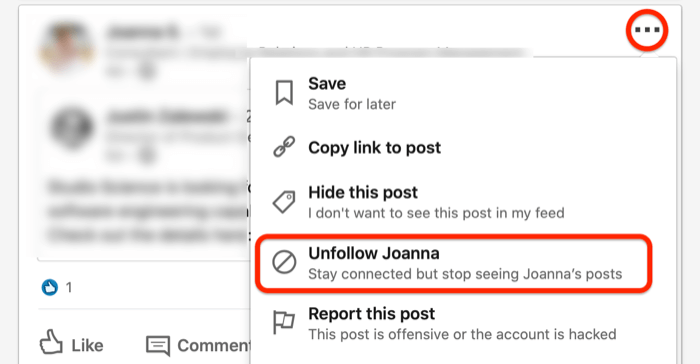 لقطة شاشة لـ... قائمة منسدلة لمنشور على LinkedIn مع خيار إلغاء المتابعة محاطة بدائرة باللون الأحمر