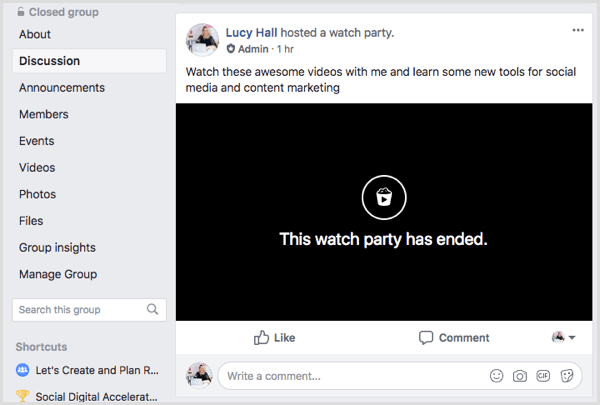 منشور حفلة مشاهدة Facebook في موجز المجموعة.