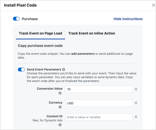 قم بتعيين المعلمات لإنشاء رمز حدث Facebook الذي تحتاجه.
