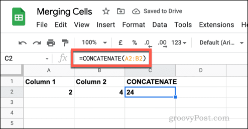 مثال على صيغة CONCATENATE بسيطة في جداول بيانات Google