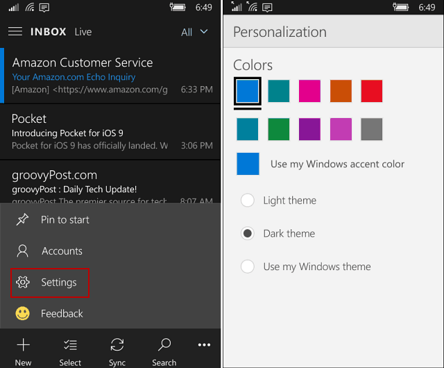 تطبيق بريد Outlook والتقويم على Windows 10 Mobile Gains Dark Theme
