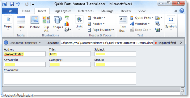 ضبط خصائص الوثيقة من لوحة الوثيقة في Word 2010