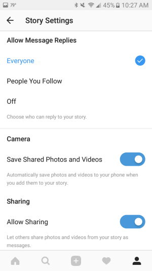 استخدم الإعدادات لحفظ الصور ومقاطع الفيديو التي تضيفها إلى قصتك على هاتفك الذكي تلقائيًا