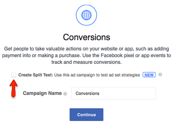 حدد المربع لإنشاء اختبار تقسيم لحملة Facebook الخاصة بك.