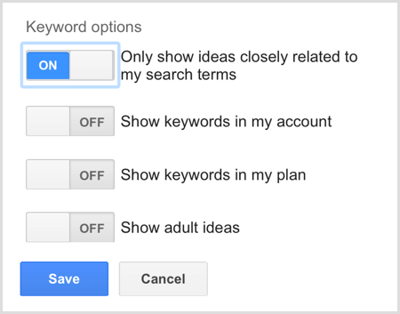 خيارات الكلمات الرئيسية للبحث في مخطط الكلمات الرئيسية في Google AdWords