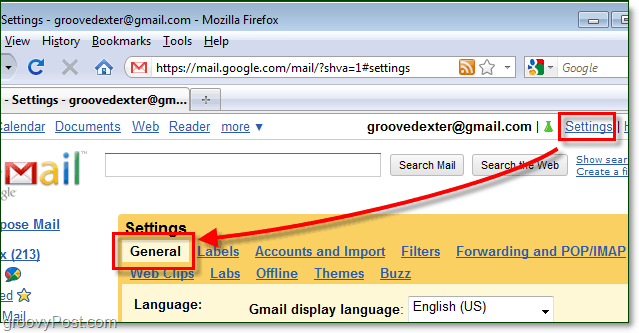 الوصول إلى الإعدادات العامة في Gmail