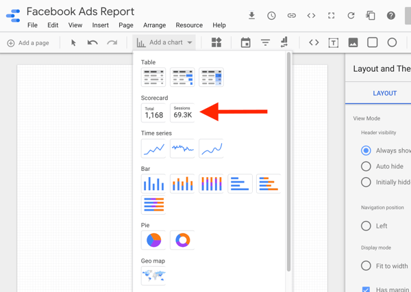 استخدم Google Data Studio لتحليل إعلانات Facebook ، الخطوة 8 ، الخيار لتحديد مخطط بطاقة الأداء في Google Data Studio