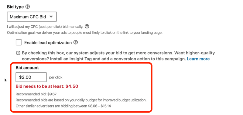 لقطة شاشة لرسالة باللون الأحمر تقول "يجب ألا يقل عرض LinkedIn عن 4.50 دولار"