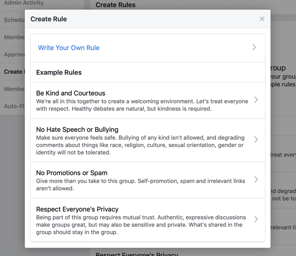 كيفية تحسين مجتمع مجموعة Facebook ، مثال على القواعد المكتوبة مسبقًا لمجموعة Facebook