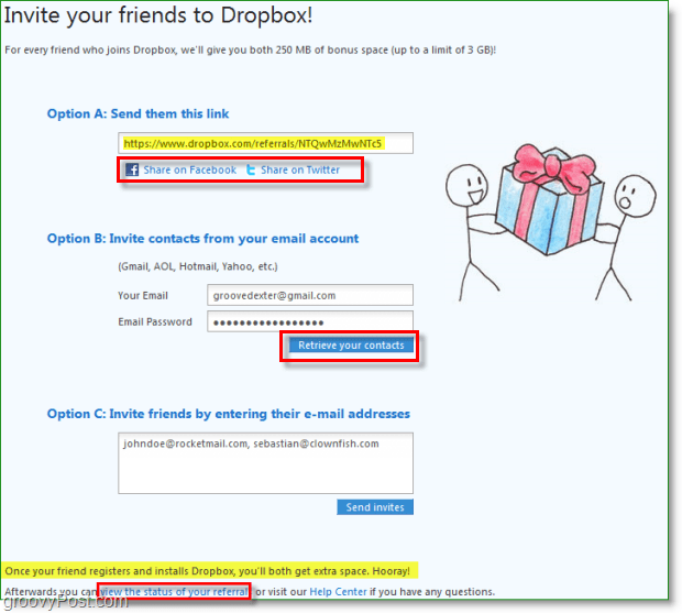 لقطة شاشة Dropbox - العديد من الطرق لمشاركة دعواتك إلى Dropbox